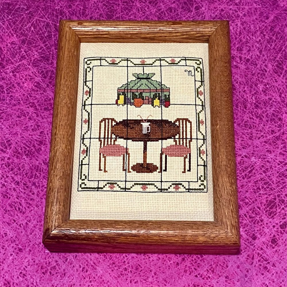 Vintage Kitchen Scene Cross Stitch Needlepoint Art Framed